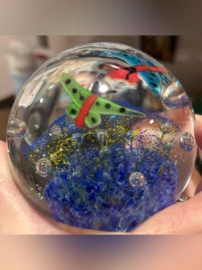 Art Glass Controlled Bubble / Butterfly & Flower paperweight. Like New